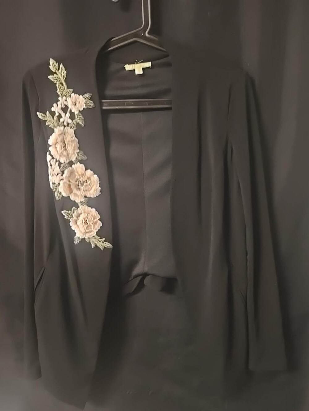 Gianni Bini Black Floral Embroidered Open Front Blazer Jacket Medium